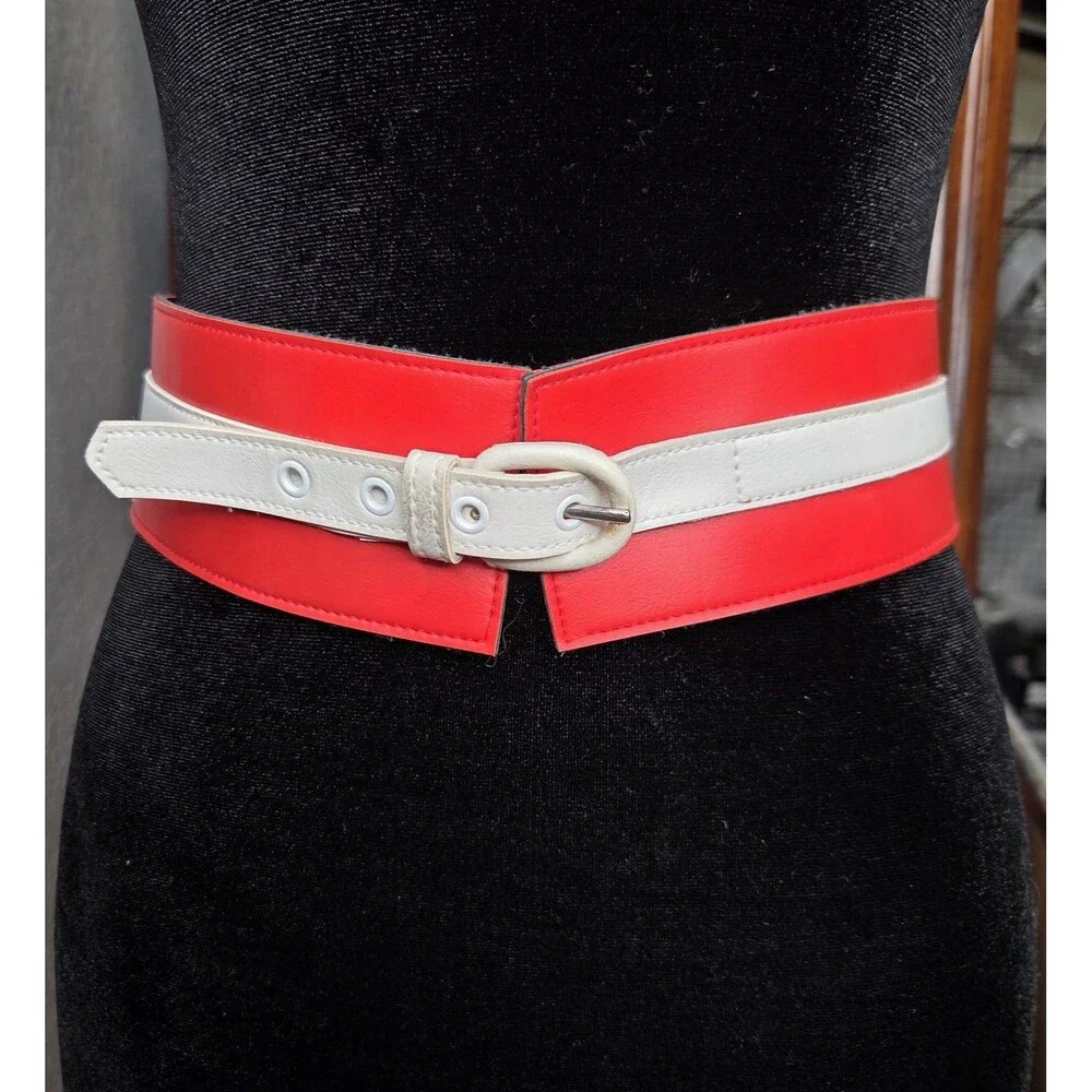 Belt Womens Size 10 Red White Colorblock Wide Waist Faux Leather Buckle Retro